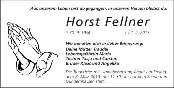 Traueranzeige von Horst Fellner von Echo-Zeitungen (Gesamtausgabe)