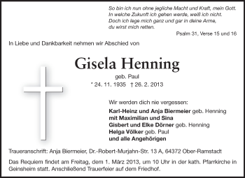 Traueranzeige von Gisela Henning von Darmstädter Echo, Odenwälder Echo, Rüsselsheimer Echo, Groß-Gerauer-Echo, Ried Echo