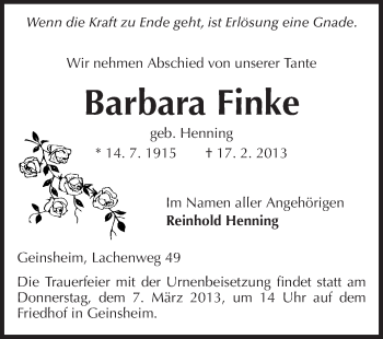 Traueranzeige von Barbara Finke von Rüsselsheimer Echo, Groß-Gerauer-Echo, Ried Echo