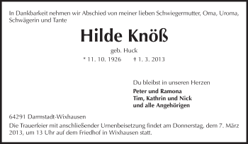 Traueranzeige von Hilde Knöß von Echo-Zeitungen (Gesamtausgabe)