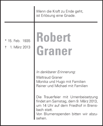 Traueranzeige von Robert Graner von Odenwälder Echo