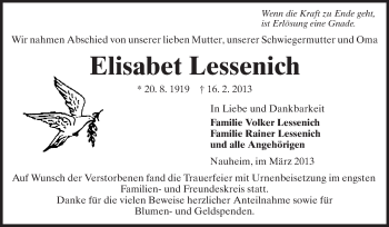 Traueranzeige von Elisabet Lessenich von Rüsselsheimer Echo, Groß-Gerauer-Echo, Ried Echo