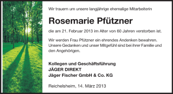 Traueranzeige von Rosemarie Pfützner von Odenwälder Echo