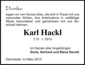 Traueranzeige von Karl Hackl von Rüsselsheimer Echo, Groß-Gerauer-Echo, Ried Echo
