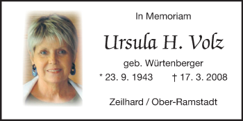 Traueranzeige von Ursula H. Volz von Darmstädter Echo, Odenwälder Echo, Rüsselsheimer Echo, Groß-Gerauer-Echo, Ried Echo