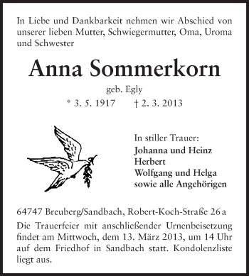 Traueranzeige von Anna Sommerkorn von Odenwälder Echo