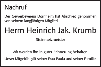 Traueranzeige von Heinrich Krumb von Rüsselsheimer Echo, Groß-Gerauer-Echo, Ried Echo