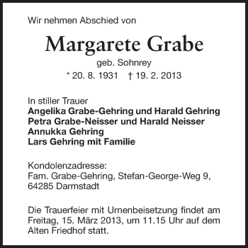 Traueranzeige von Margarete Grabe von Echo-Zeitungen (Gesamtausgabe)