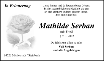 Traueranzeige von Mathilde Serban von Odenwälder Echo