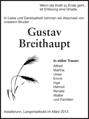 Traueranzeige von Gustav Breithaupt von Odenwälder Echo