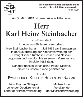 Traueranzeige von Karl Heinz Steinbacher von Echo-Zeitungen (Gesamtausgabe)