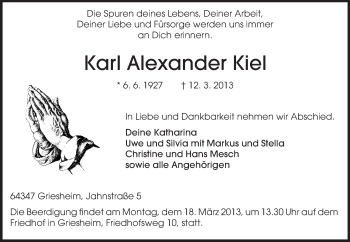 Traueranzeige von Karl Alexander Kiel von Echo-Zeitungen (Gesamtausgabe)