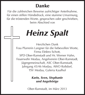 Traueranzeige von Heinz Spalt von Echo-Zeitungen (Gesamtausgabe)