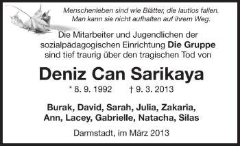 Traueranzeige von Deniz Can Sarikaya von Echo-Zeitungen (Gesamtausgabe)