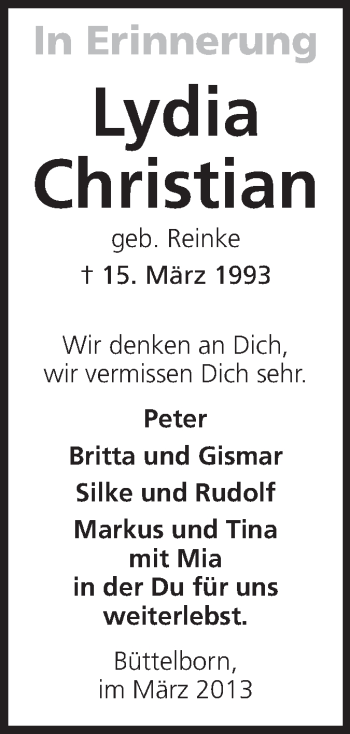 Traueranzeige von Lydia Christian von Rüsselsheimer Echo, Groß-Gerauer-Echo, Ried Echo