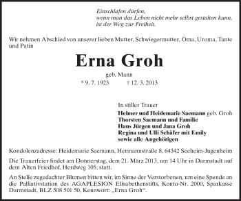 Traueranzeige von Erna Groh von Darmstädter Echo, Odenwälder Echo, Rüsselsheimer Echo, Groß-Gerauer-Echo, Ried Echo