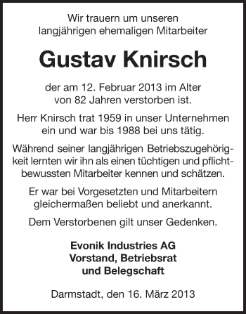 Traueranzeige von Gustav Knirsch von Echo-Zeitungen (Gesamtausgabe)
