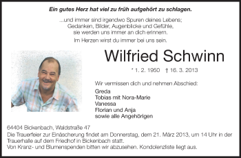 Traueranzeige von Wilfried Schwinn von Echo-Zeitungen (Gesamtausgabe)