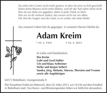 Traueranzeige von Adam Kreim von Rüsselsheimer Echo, Groß-Gerauer-Echo, Ried Echo