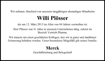 Traueranzeige von Willi Plößer von Echo-Zeitungen (Gesamtausgabe)