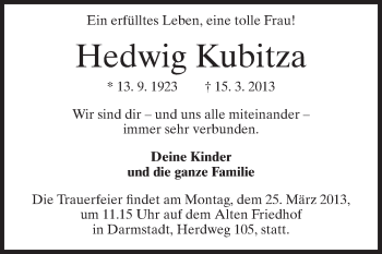 Traueranzeige von Hedwig Kubitza von Echo-Zeitungen (Gesamtausgabe)