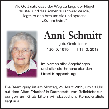 Traueranzeige von Anni Schmitt von Echo-Zeitungen (Gesamtausgabe)