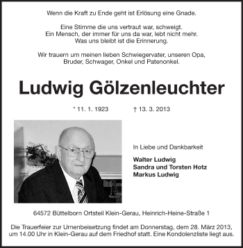 Traueranzeige von Ludwig Gölzenleuchter von Rüsselsheimer Echo, Groß-Gerauer-Echo, Ried Echo