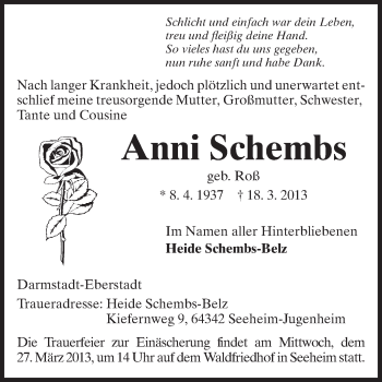 Traueranzeige von Anni Schembs von Echo-Zeitungen (Gesamtausgabe)