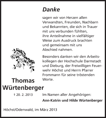 Traueranzeige von Thomas Würtenberger von Echo-Zeitungen (Gesamtausgabe)