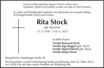 Traueranzeige von Rita Stock von Rüsselsheimer Echo, Groß-Gerauer-Echo, Ried Echo
