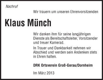 Traueranzeige von Klaus Münch von Rüsselsheimer Echo, Groß-Gerauer-Echo, Ried Echo