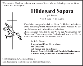 Traueranzeige von Hildegard Sapara von Echo-Zeitungen (Gesamtausgabe)