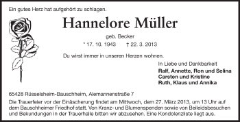 Traueranzeige von Hannelore Müller von Rüsselsheimer Echo, Groß-Gerauer-Echo, Ried Echo