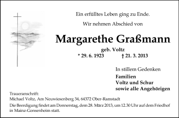 Traueranzeige von Margarethe Graßmann von Echo-Zeitungen (Gesamtausgabe)