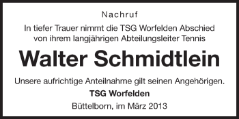 Traueranzeige von Walter Schmidtlein von Rüsselsheimer Echo, Groß-Gerauer-Echo, Ried Echo