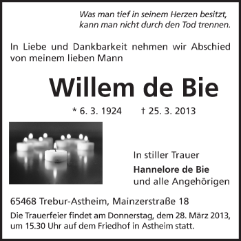 Traueranzeige von Willem de Bie von Rüsselsheimer Echo, Groß-Gerauer-Echo, Ried Echo