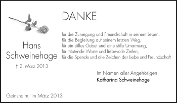 Traueranzeige von Hans Schweinehage von Rüsselsheimer Echo, Groß-Gerauer-Echo, Ried Echo
