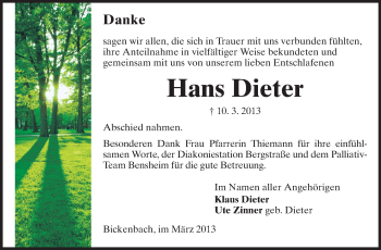 Traueranzeige von Hans Dieter von Echo-Zeitungen (Gesamtausgabe)