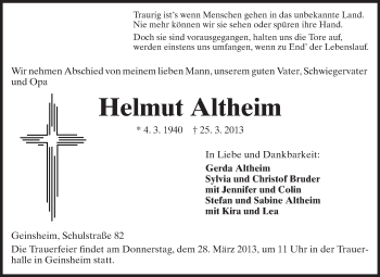 Traueranzeige von Helmut Altheim von Rüsselsheimer Echo, Groß-Gerauer-Echo, Ried Echo