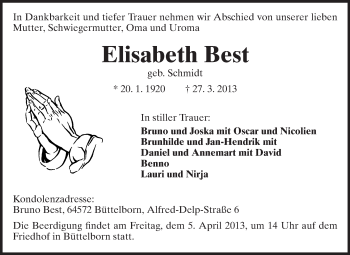 Traueranzeige von Elisabeth Best von Rüsselsheimer Echo, Groß-Gerauer-Echo, Ried Echo