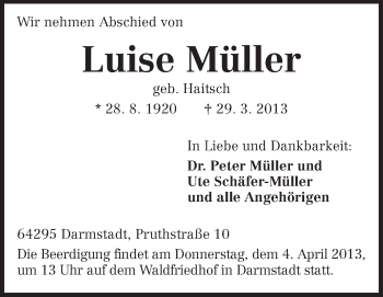 Traueranzeige von Luise Müller von Echo-Zeitungen (Gesamtausgabe)