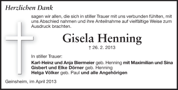 Traueranzeige von Gisela Henning von Darmstädter Echo, Odenwälder Echo, Rüsselsheimer Echo, Groß-Gerauer-Echo, Ried Echo