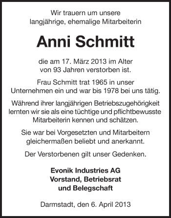 Traueranzeige von Anni Schmitt von Echo-Zeitungen (Gesamtausgabe)