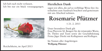 Traueranzeige von Rosemarie Pfützner von Odenwälder Echo