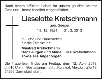 Traueranzeige von Lieselotte Kretschmann von Echo-Zeitungen (Gesamtausgabe)