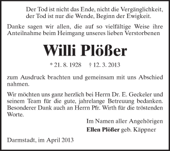 Traueranzeige von Willi Plößer von Echo-Zeitungen (Gesamtausgabe)