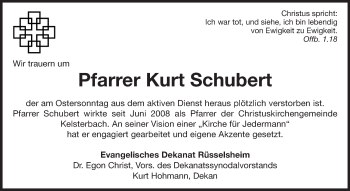 Traueranzeige von Kurt Schubert von Rüsselsheimer Echo, Groß-Gerauer-Echo, Ried Echo