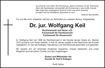 Traueranzeige von Wolfgang Keil von Rüsselsheimer Echo, Groß-Gerauer-Echo, Ried Echo