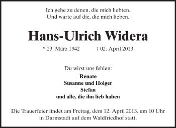 Traueranzeige von Hans-Ulrich Widera von Darmstädter Echo, Odenwälder Echo, Rüsselsheimer Echo, Groß-Gerauer-Echo, Ried Echo