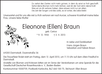 Traueranzeige von Eleonore Braun von Echo-Zeitungen (Gesamtausgabe)